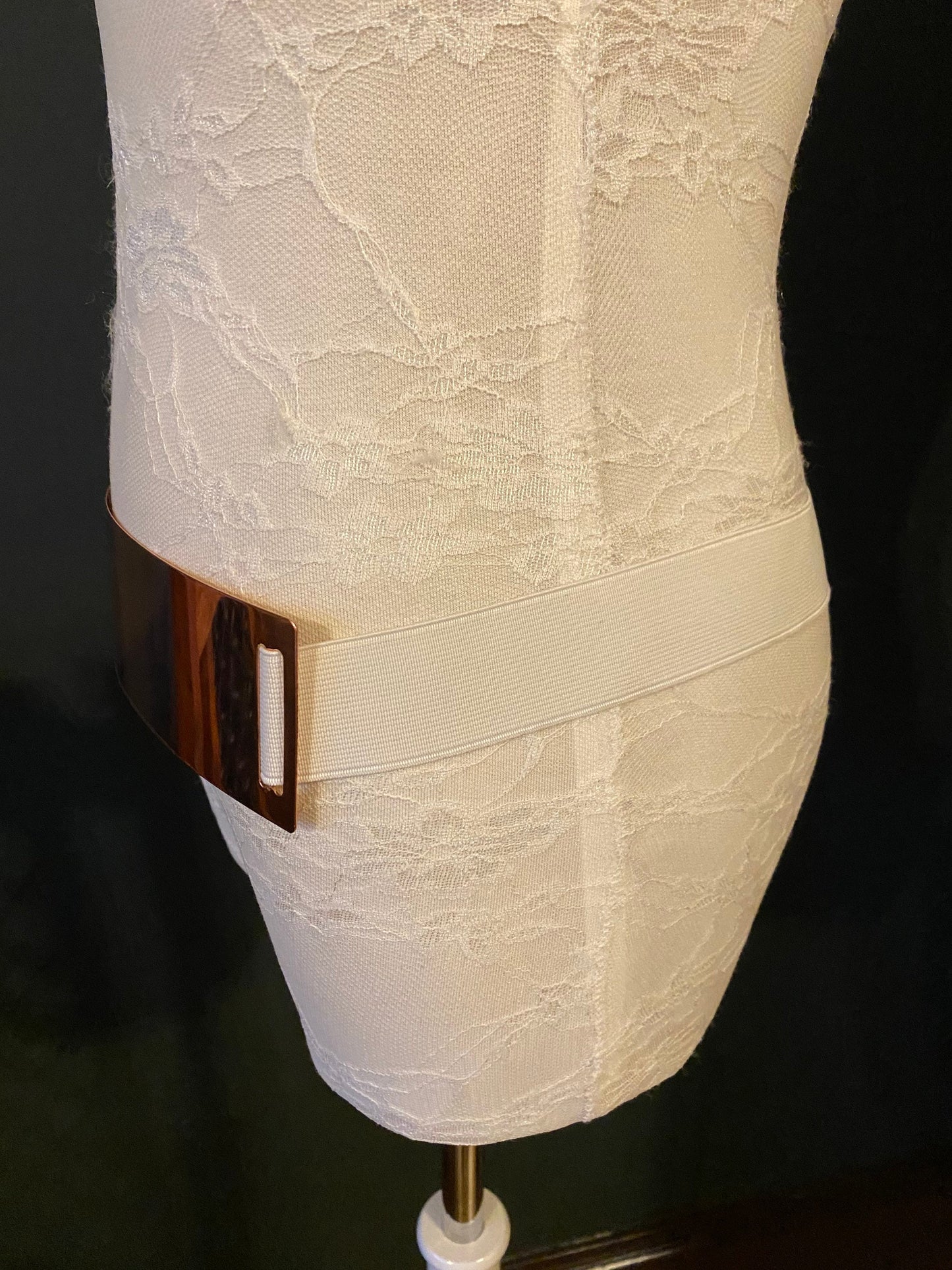 White Elastic Belt, Rose Gold Buckle
