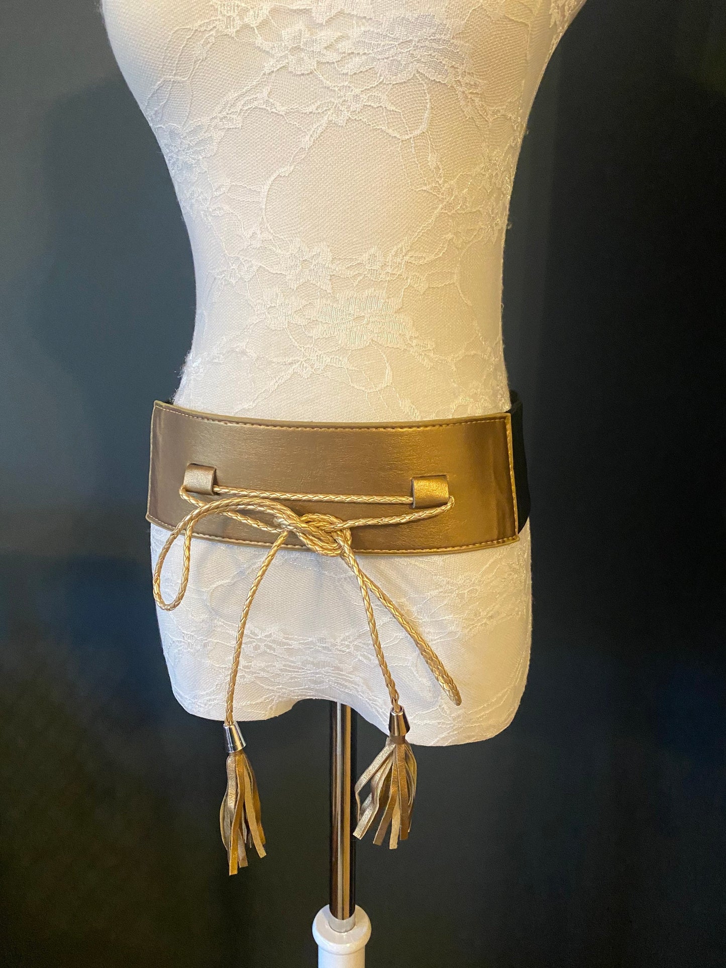 Champagne Gold Faux Leather Corset Belt with Tassels