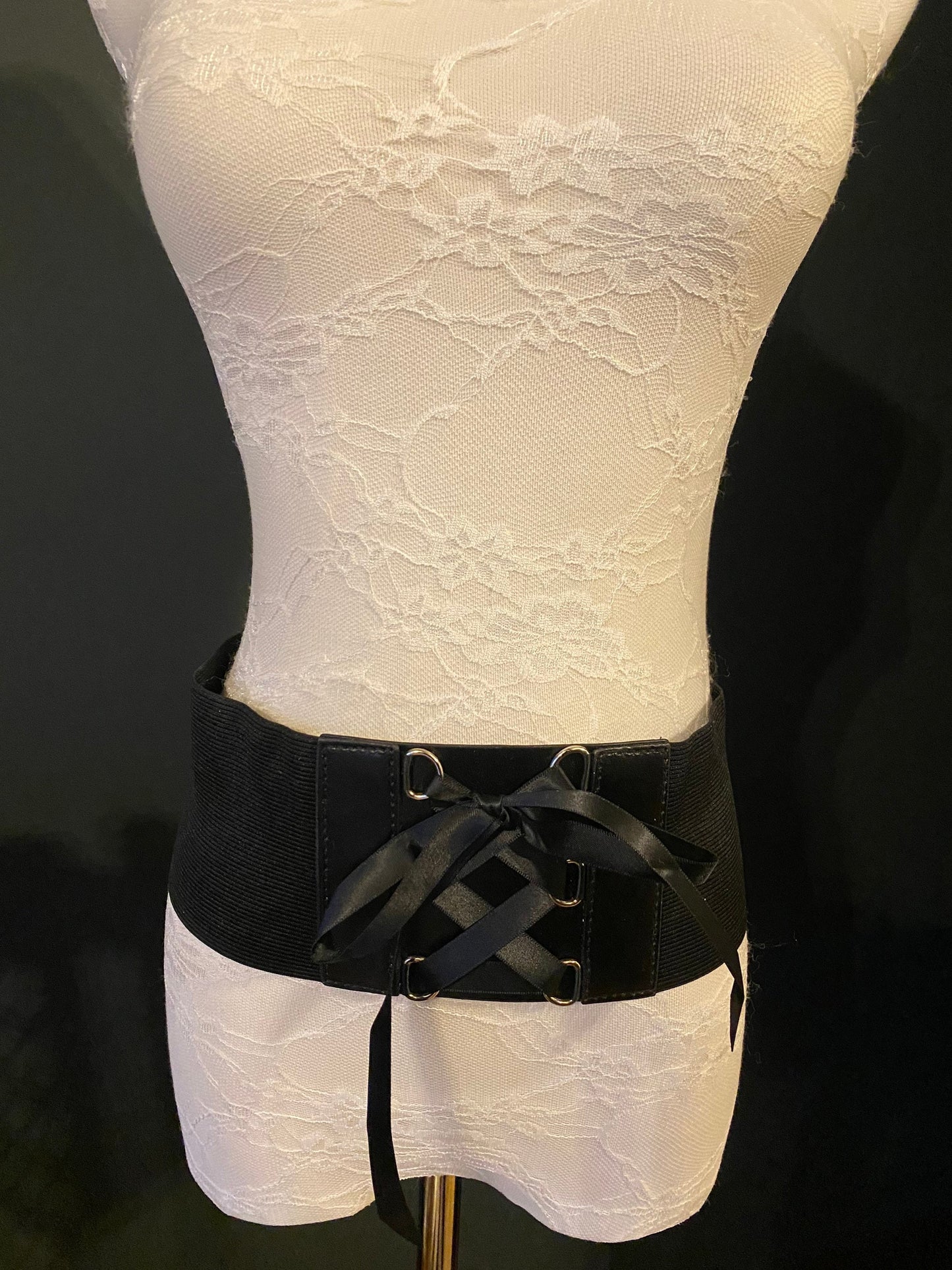 Elasticated Corset Belt, Ribbon Tie, D Ring, Black Fashion Belt