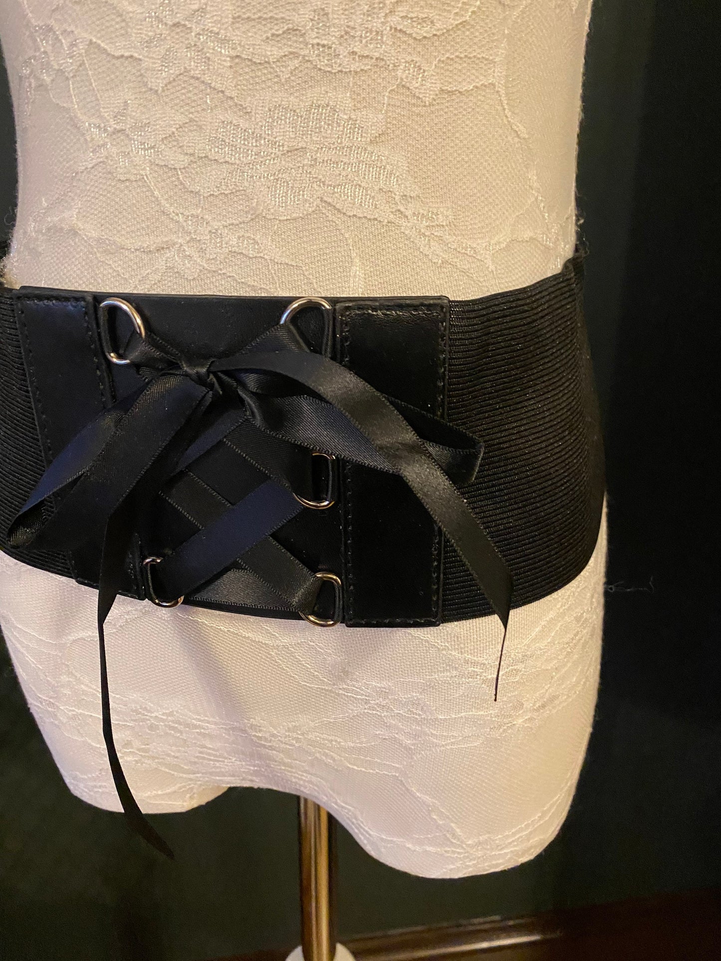 Elasticated Corset Belt, Ribbon Tie, D Ring, Black Fashion Belt