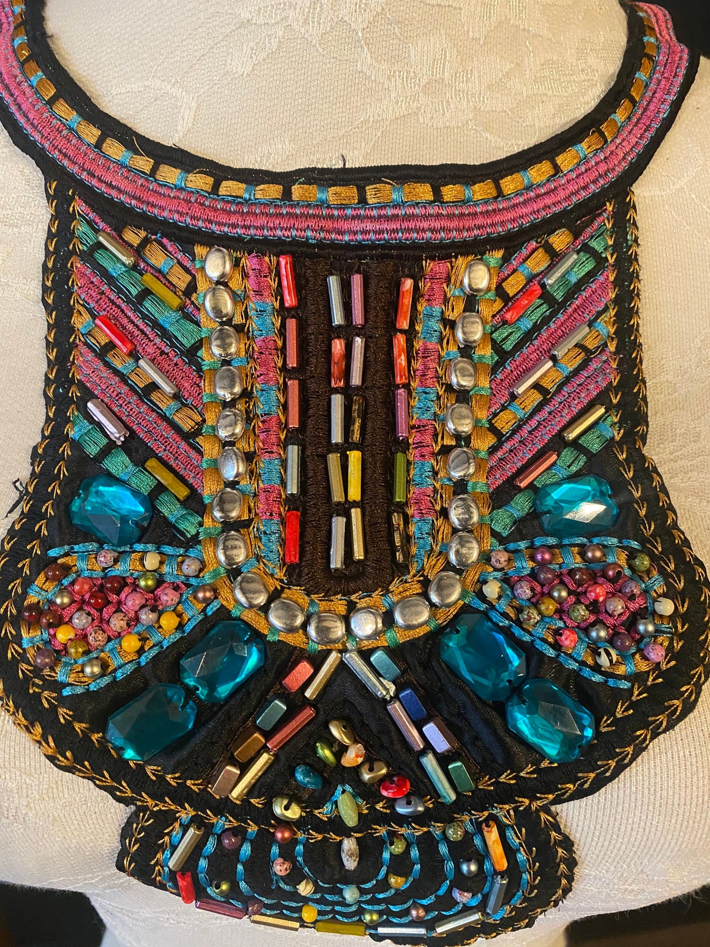 Embroidered Beaded Appliqué Collar, Boho Neck Trim