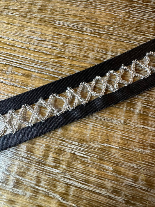Beaded Elasticated Trim, 1cm Black Elastic, centre bead detail, Sew on