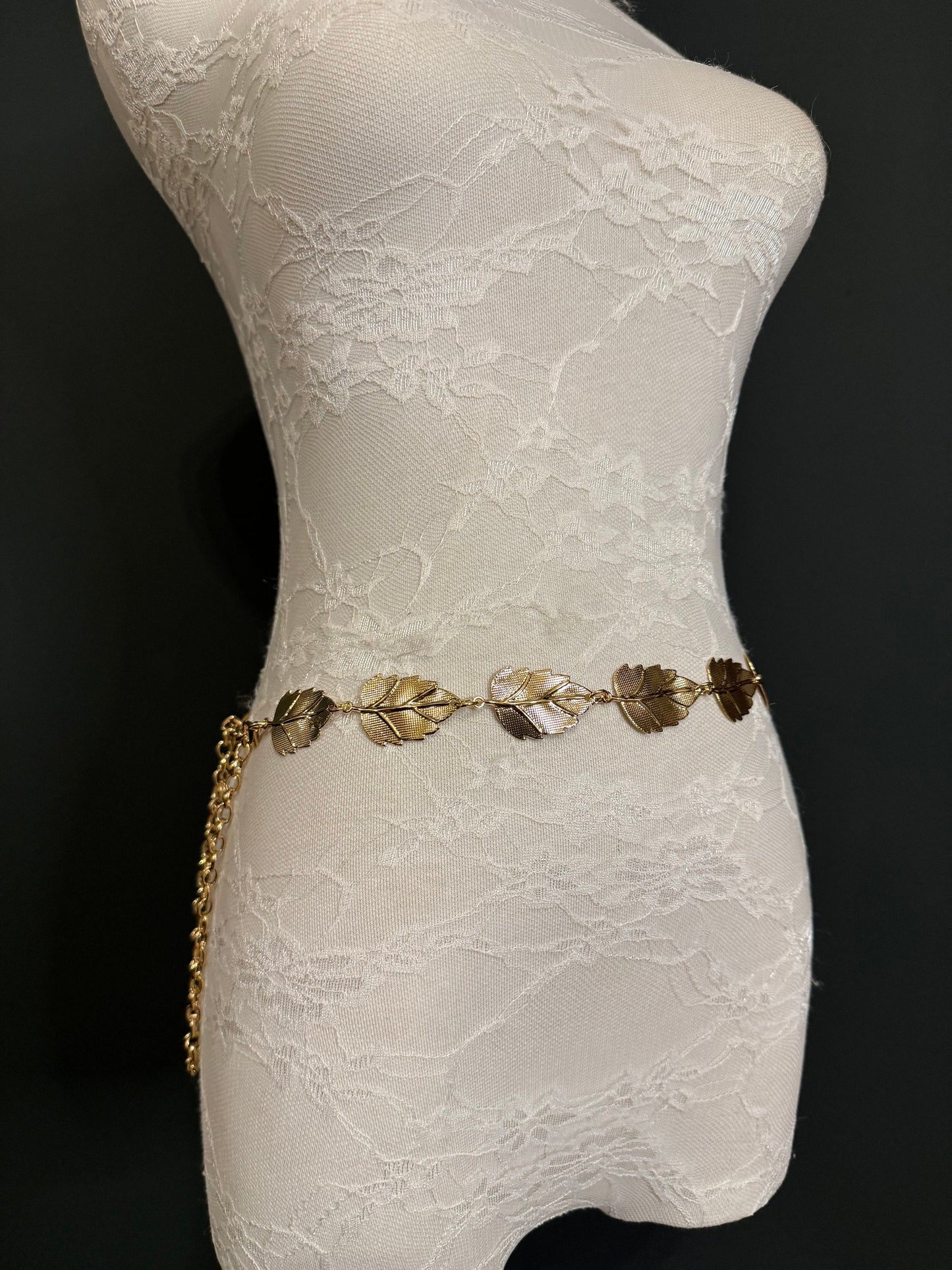 X-Long Leaf Chain Belt, Metal Leaf Design, Swimwear, Dresses, FAN Design, Belt, Dress Belt, Gift, Silver, Gold, Bridal