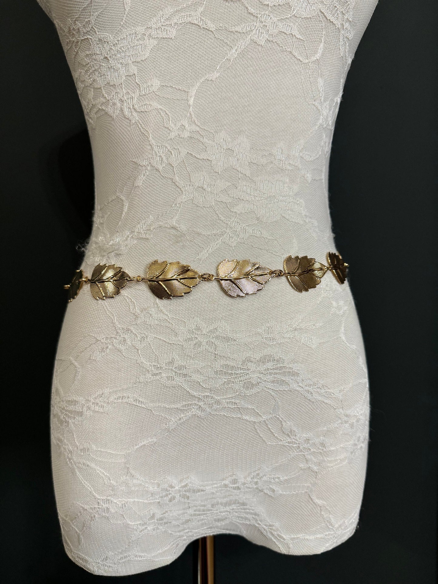 X-Long Leaf Chain Belt, Metal Leaf Design, Swimwear, Dresses, FAN Design, Belt, Dress Belt, Gift, Silver, Gold, Bridal
