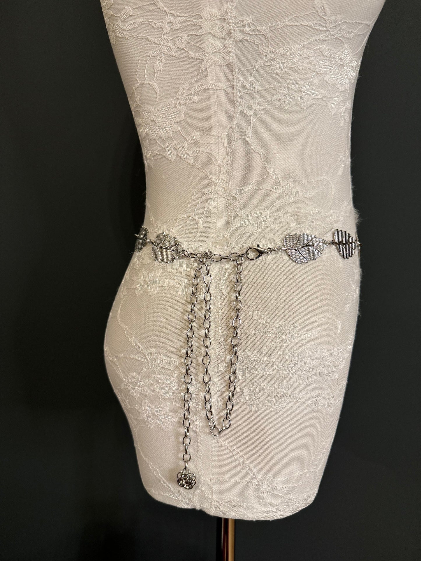X-Long Leaf Chain Belt, Metal Leaf Design, Swimwear, Dresses, FAN Design, Belt, Dress Belt, Gift, Silver, Gold, Bridal