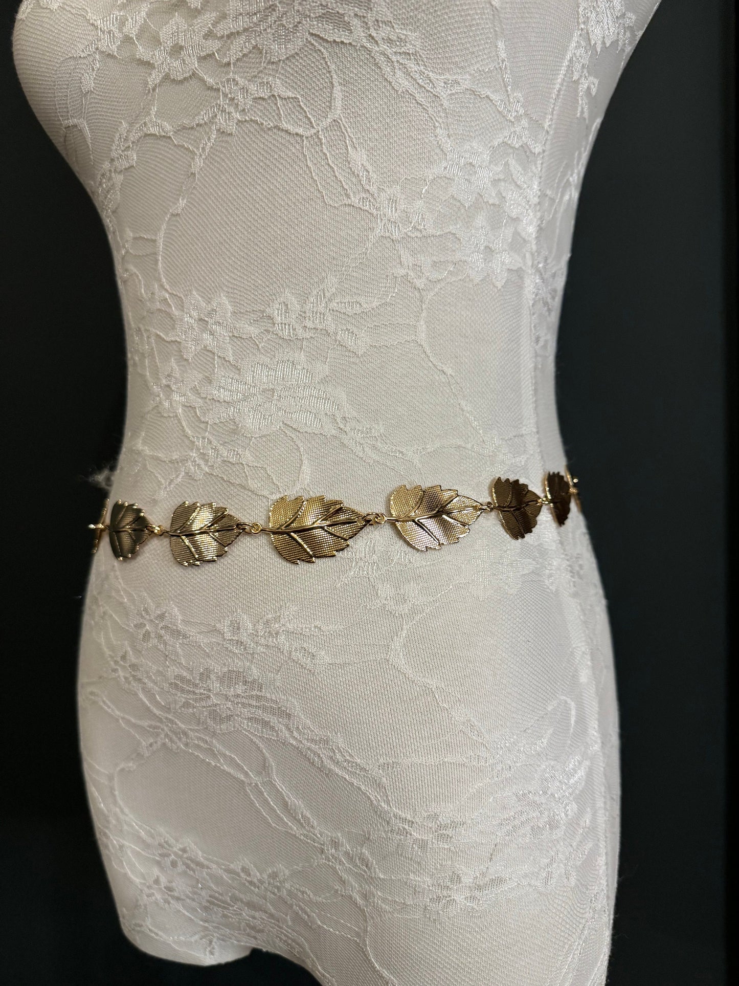 X-Long Leaf Chain Belt, Metal Leaf Design, Swimwear, Dresses, FAN Design, Belt, Dress Belt, Gift, Silver, Gold, Bridal