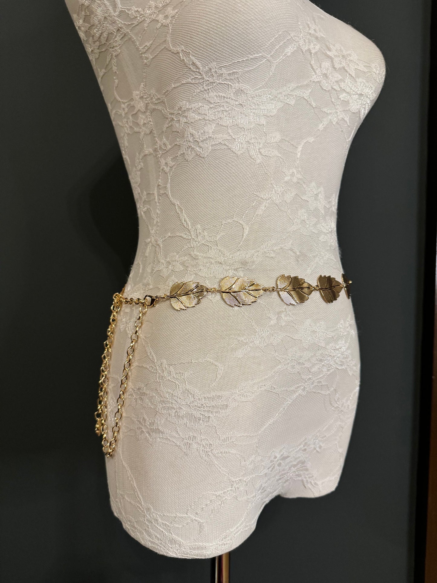 X-Long Leaf Chain Belt, Metal Leaf Design, Swimwear, Dresses, FAN Design, Belt, Dress Belt, Gift, Silver, Gold, Bridal