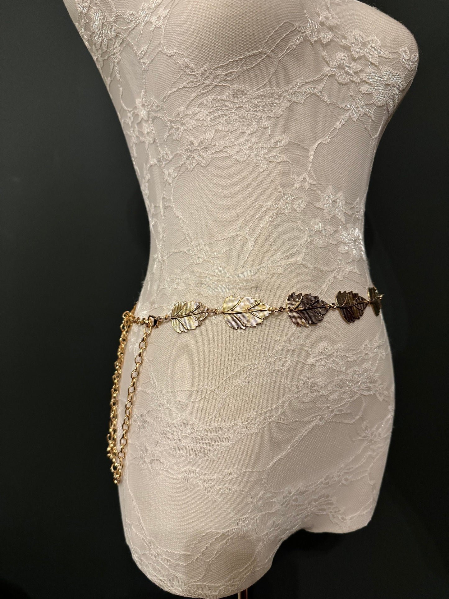 X-Long Leaf Chain Belt, Metal Leaf Design, Swimwear, Dresses, FAN Design, Belt, Dress Belt, Gift, Silver, Gold, Bridal