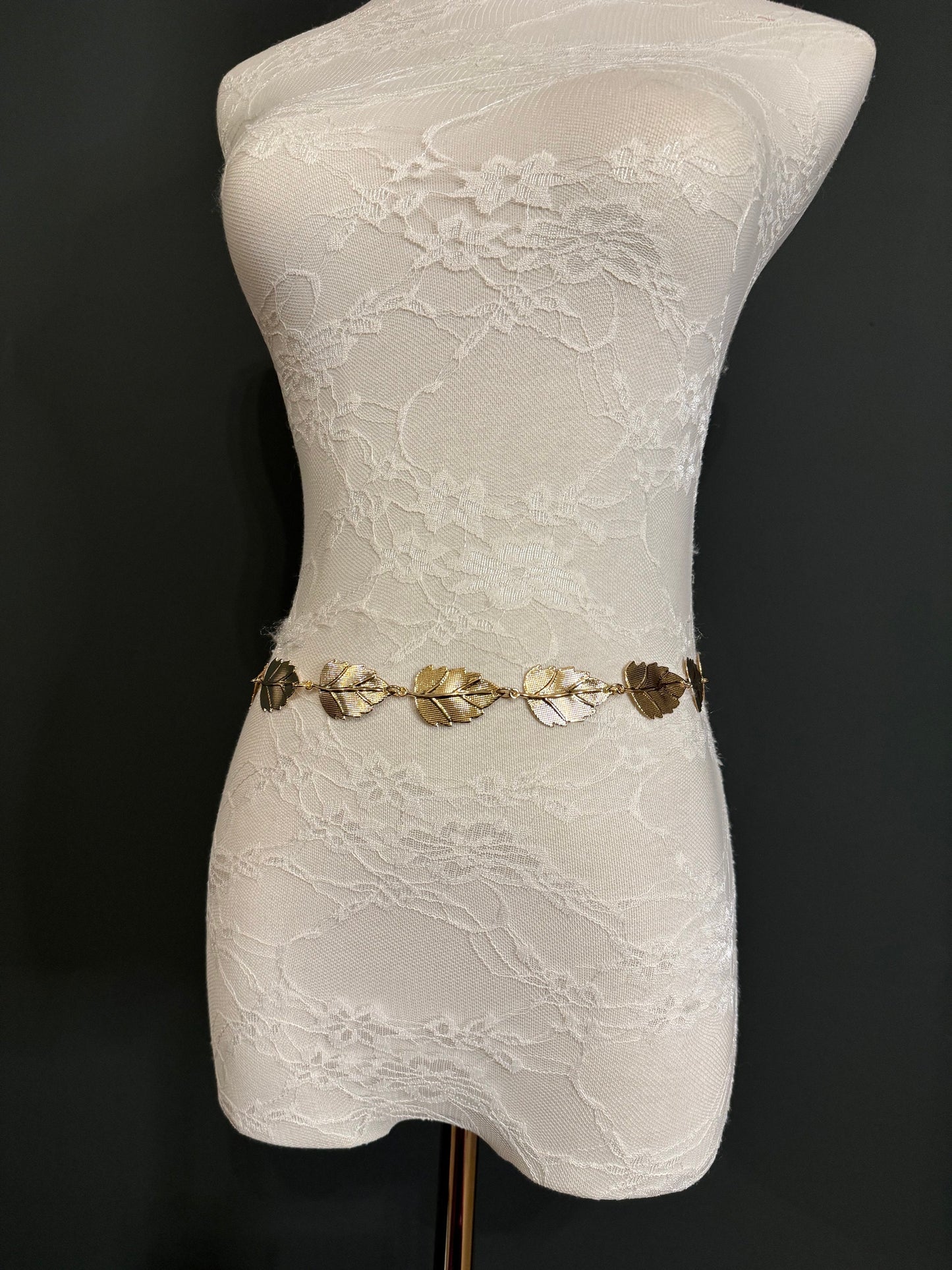 X-Long Leaf Chain Belt, Metal Leaf Design, Swimwear, Dresses, FAN Design, Belt, Dress Belt, Gift, Silver, Gold, Bridal