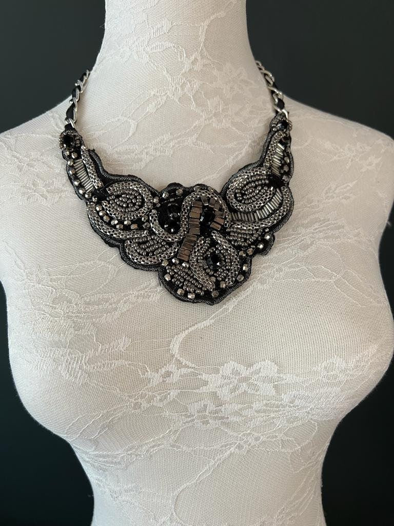 Necklace, Beaded Necklace, Handmade Bib Necklace, Black, Gunmetal, Chain