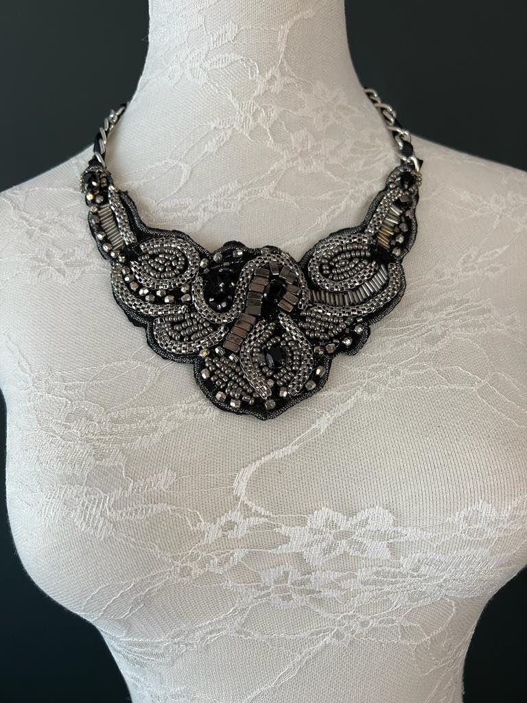 Necklace, Beaded Necklace, Handmade Bib Necklace, Black, Gunmetal, Chain