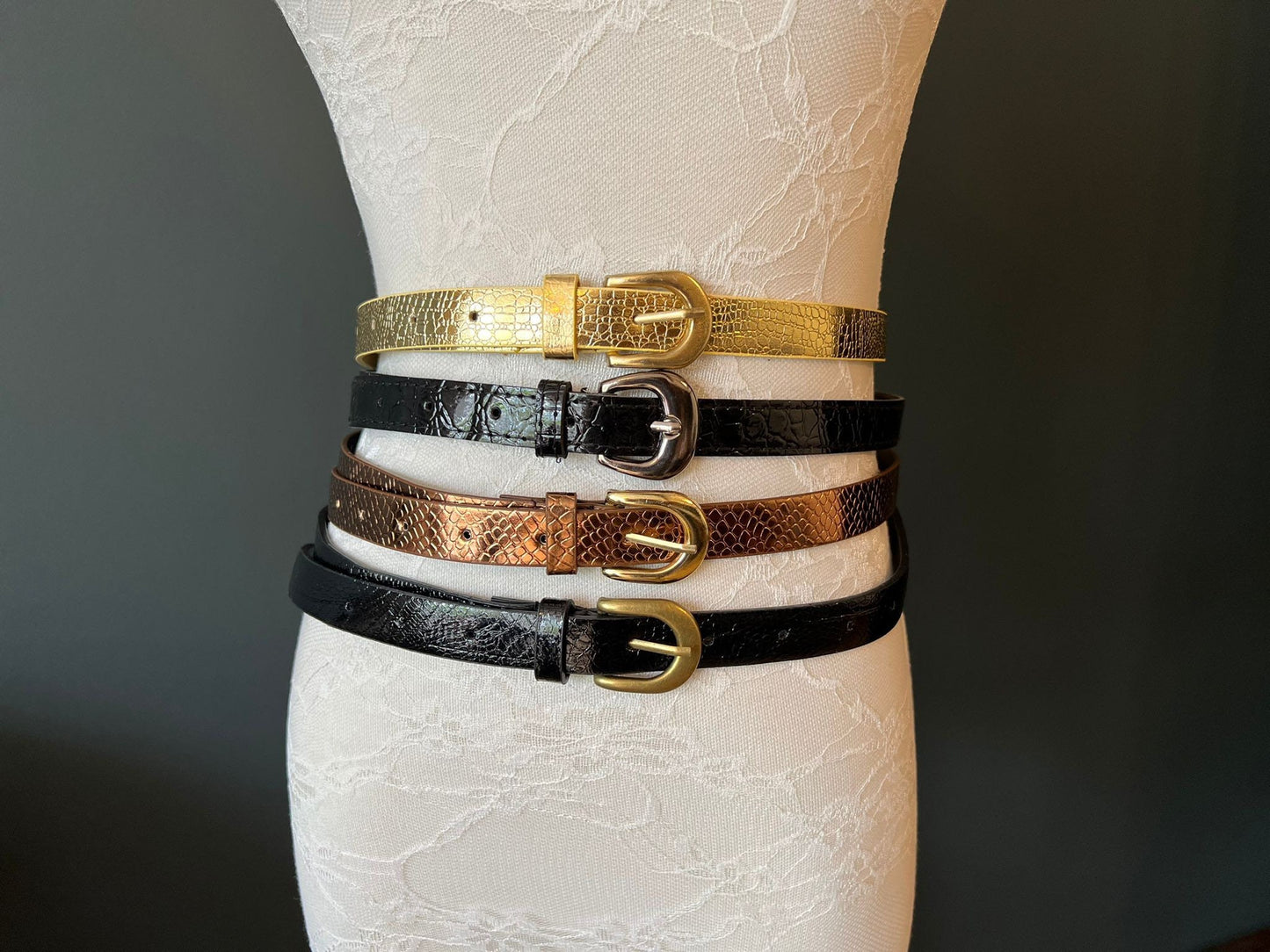 Faux Leather Dress Belt, Narrow 2cm Patent Belts, UK 8-14