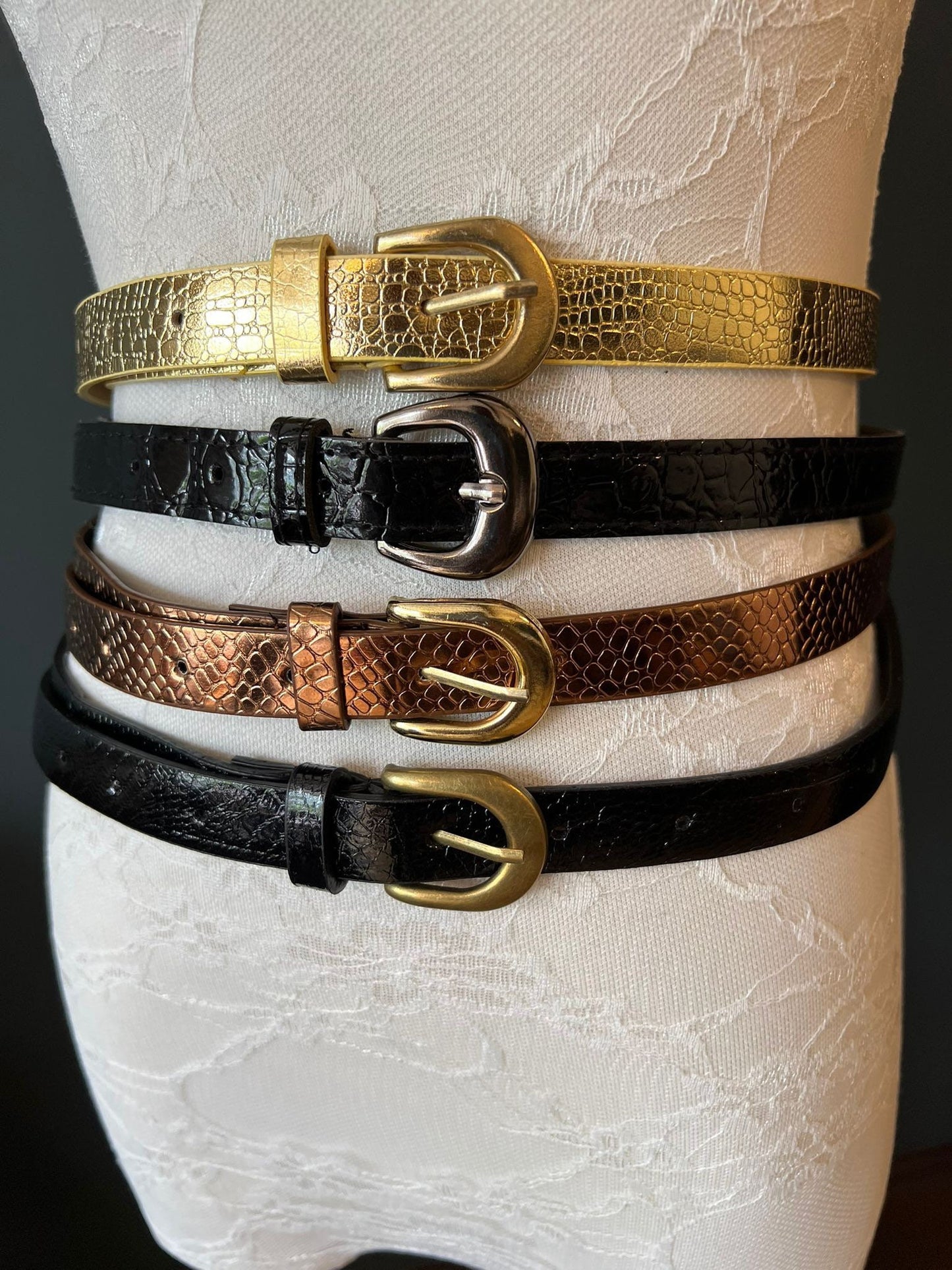 Faux Leather Dress Belt, Narrow 2cm Patent Belts, UK 8-14