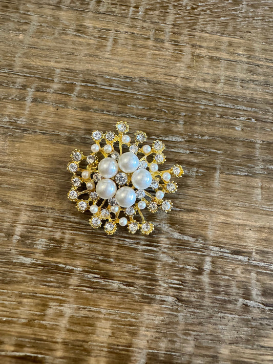 Brooch, Gold, Pearl, Rhinestone, Diamanté, Snowflake Brooch, Pin on Brooch, FAN Design
