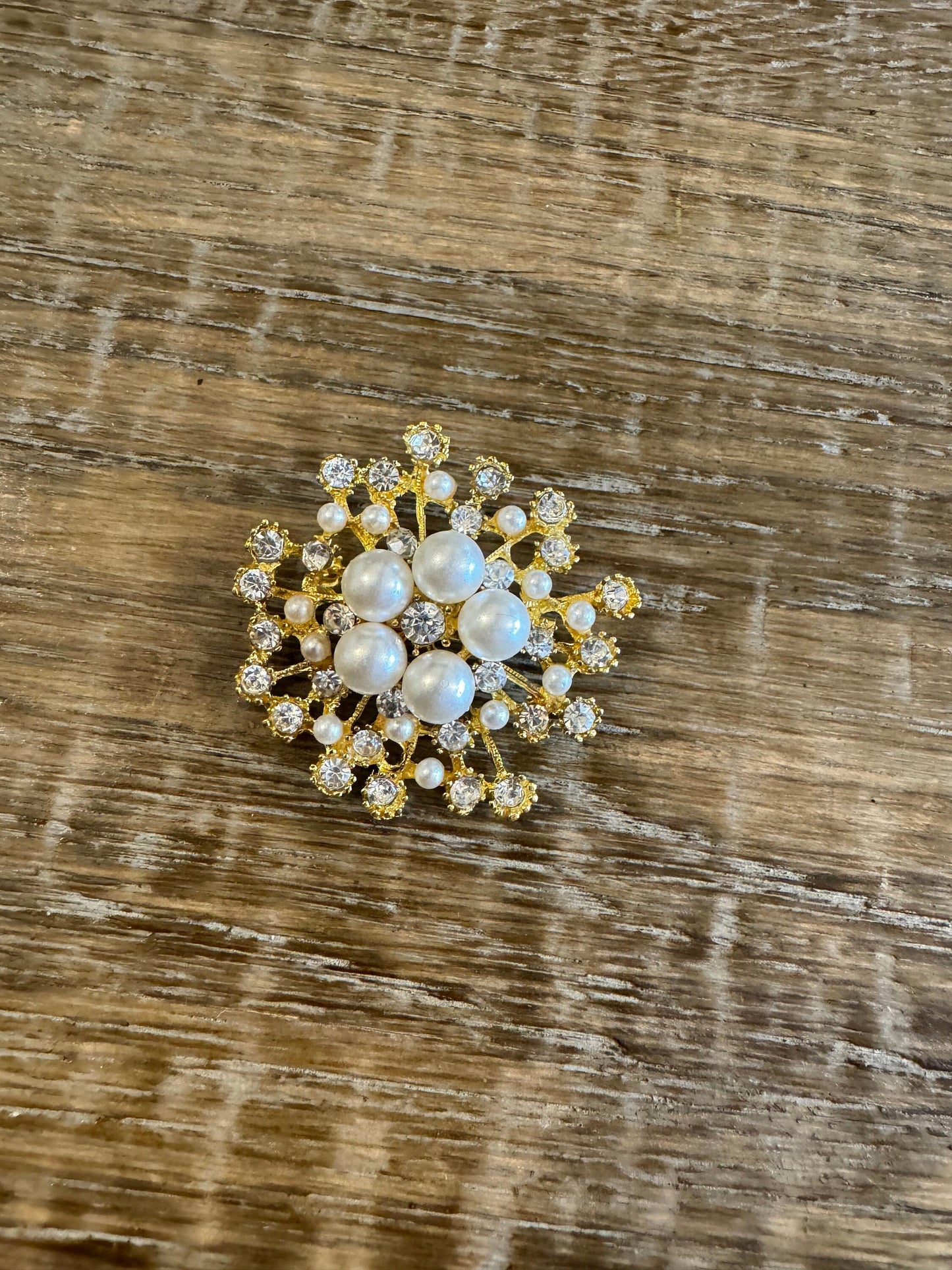 Brooch, Gold, Pearl, Rhinestone, Diamanté, Snowflake Brooch, Pin on Brooch, FAN Design