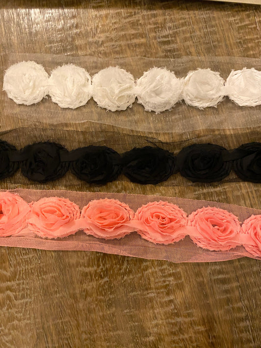Rose Trim, 3D Rose Tape, Sew on, 3 colours, Roses, Bridal, Black, Ivory, Pink, Rose Trim, Haberdashery