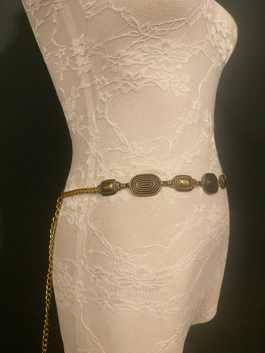 X-Long Belt, Metal Disc Belt, Antique Brass Metal Belt, Fashion Belt, Vintage Style, Gift, Chain Belt, Textured Oval Chain Belt, Fashion