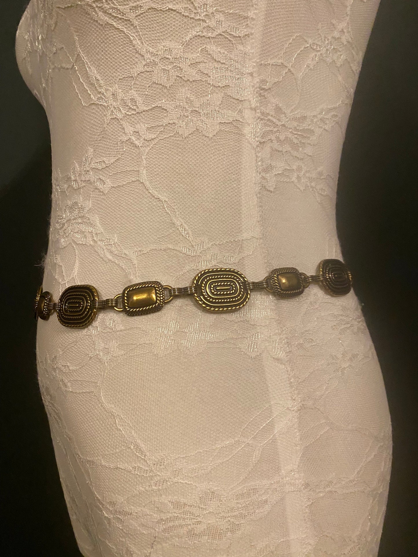 X-Long Belt, Metal Disc Belt, Antique Brass Metal Belt, Fashion Belt, Vintage Style, Gift, Chain Belt, Textured Oval Chain Belt, Fashion