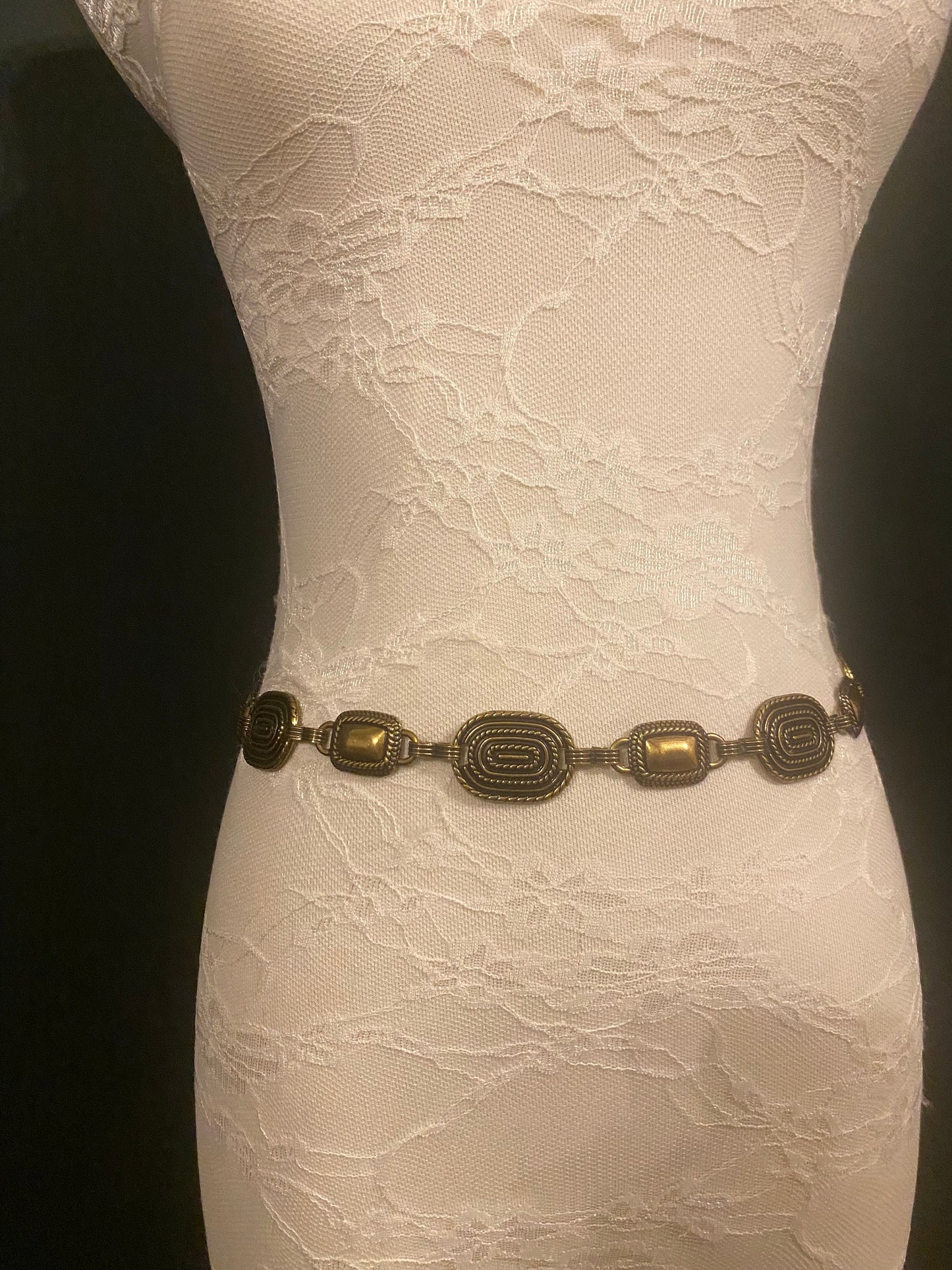 X-Long Belt, Metal Disc Belt, Antique Brass Metal Belt, Fashion Belt, Vintage Style, Gift, Chain Belt, Textured Oval Chain Belt, Fashion