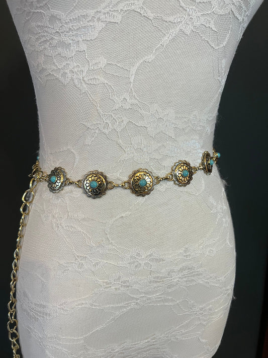 X-long Ring Belt, Metal Disc Belt, Teen Sizes, UK Size 2-40, Fan Design, Fan Collection, Light Gold Finish, Turquoise Metal belt, Fashion