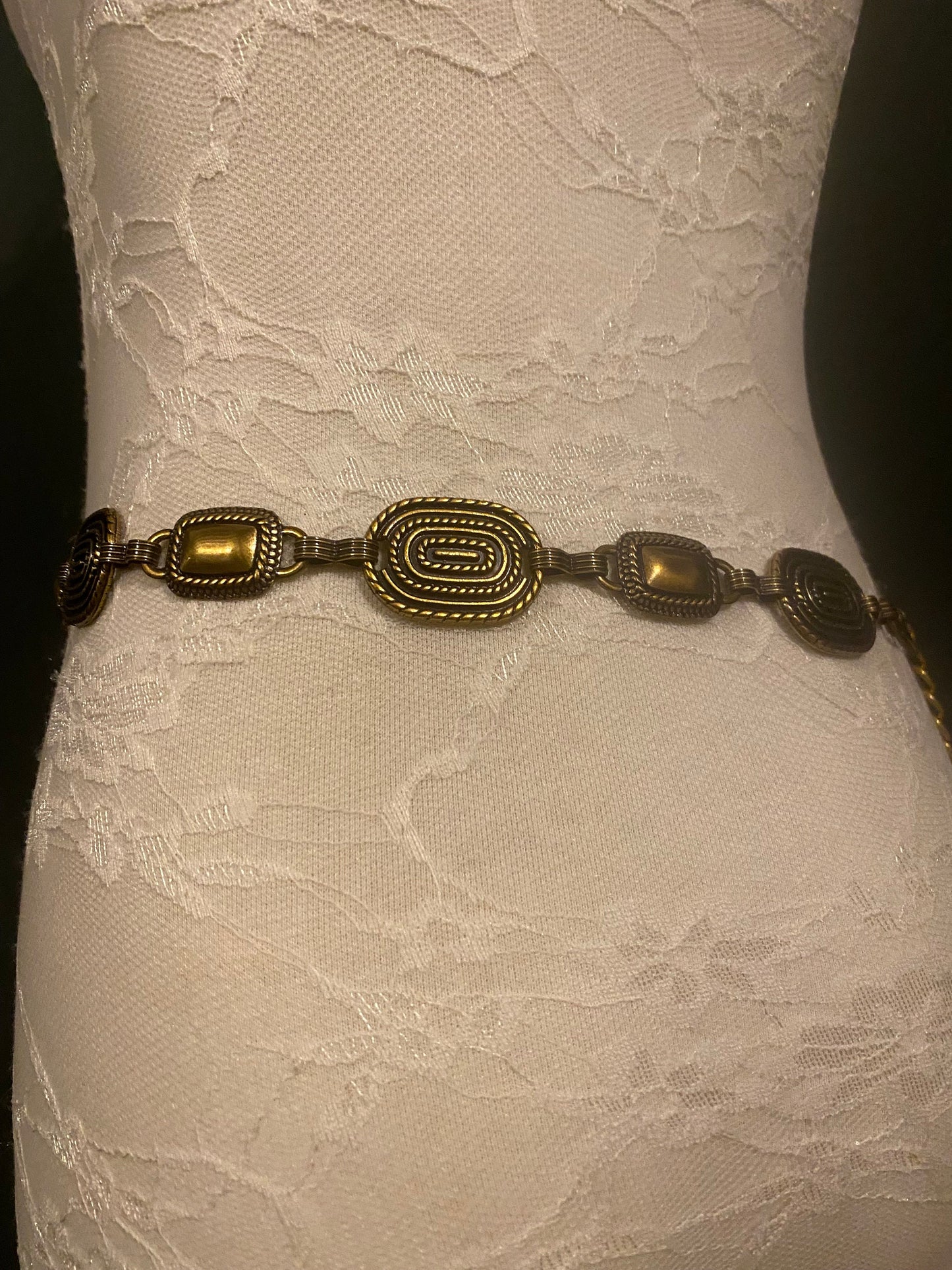 X-Long Belt, Metal Disc Belt, Antique Brass Metal Belt, Fashion Belt, Vintage Style, Gift, Chain Belt, Textured Oval Chain Belt, Fashion