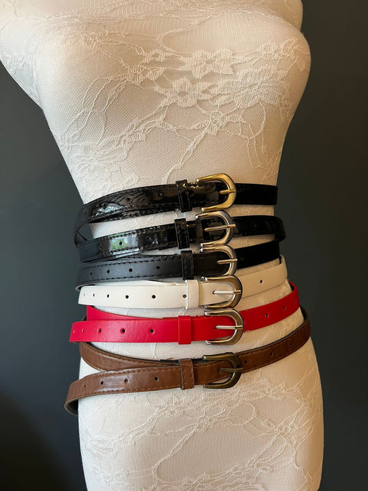 Belts, Skinny Belts, Faux Leather Belts, Patent Belt, Matt Belt, Red, White, Brown, 2cm Wide Belt, Patent Belts, Fashion Belts