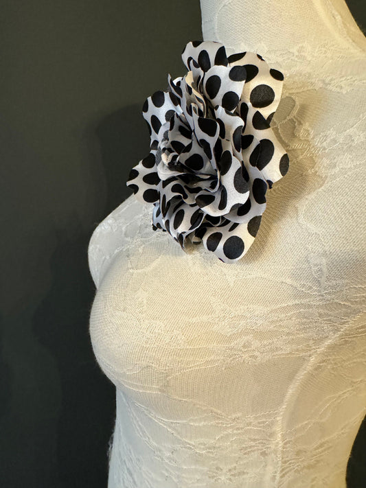 Spotted Layered Corsage, Pin on, Vintage Look, Black / Silver, Elegant Corsage, Layered Petals, FAN Fashion, 3.5” Wide, FAN Design