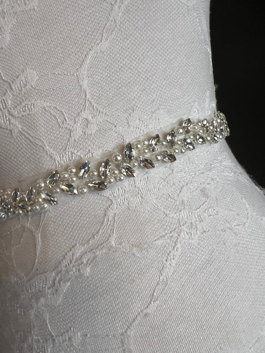 Wedding Belt, Bridal Belt, Sash Belt, Crystal and Pearl Rhinestone, White Ribbon