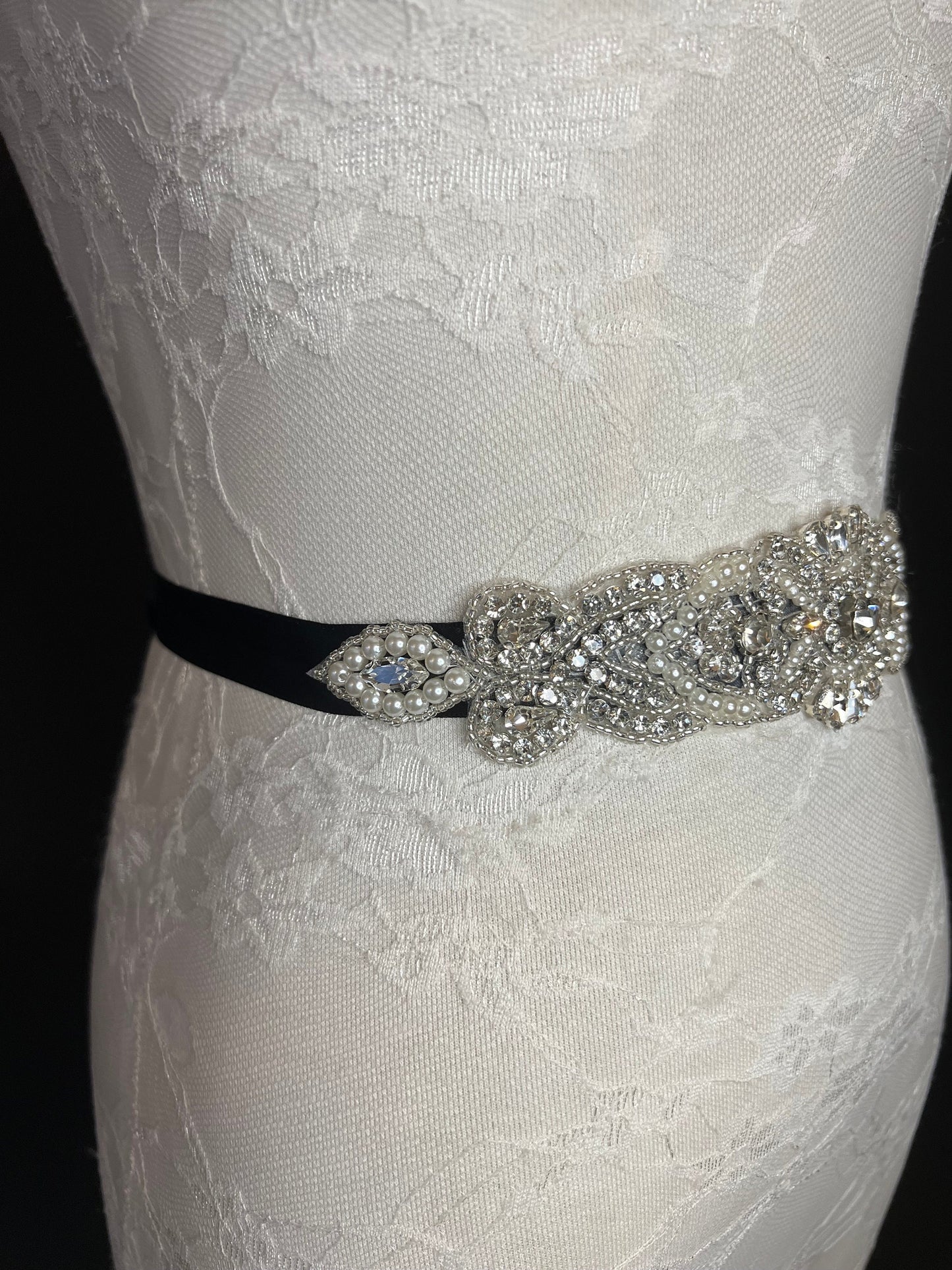Dazzling Crystal Rhinestone Bridal Belt, Black Ribbon Sash