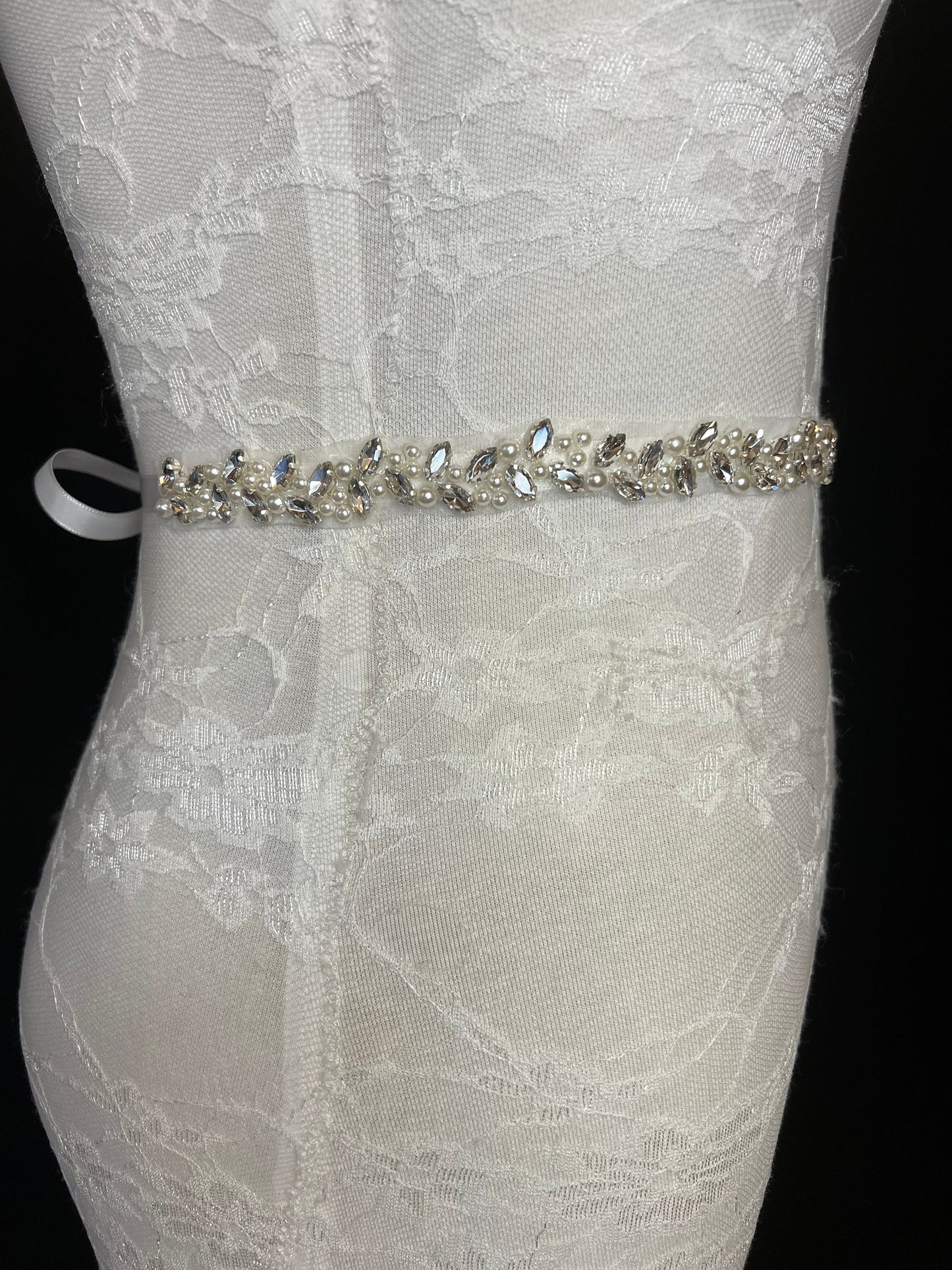 Crystal Pearl Rhinestone Wedding Belt, Silver Bridal Sash