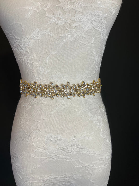 Wedding Belt, Bridal Belt, Sash Belt, Crystal Rhinestone, White Ribbon, Gold Base