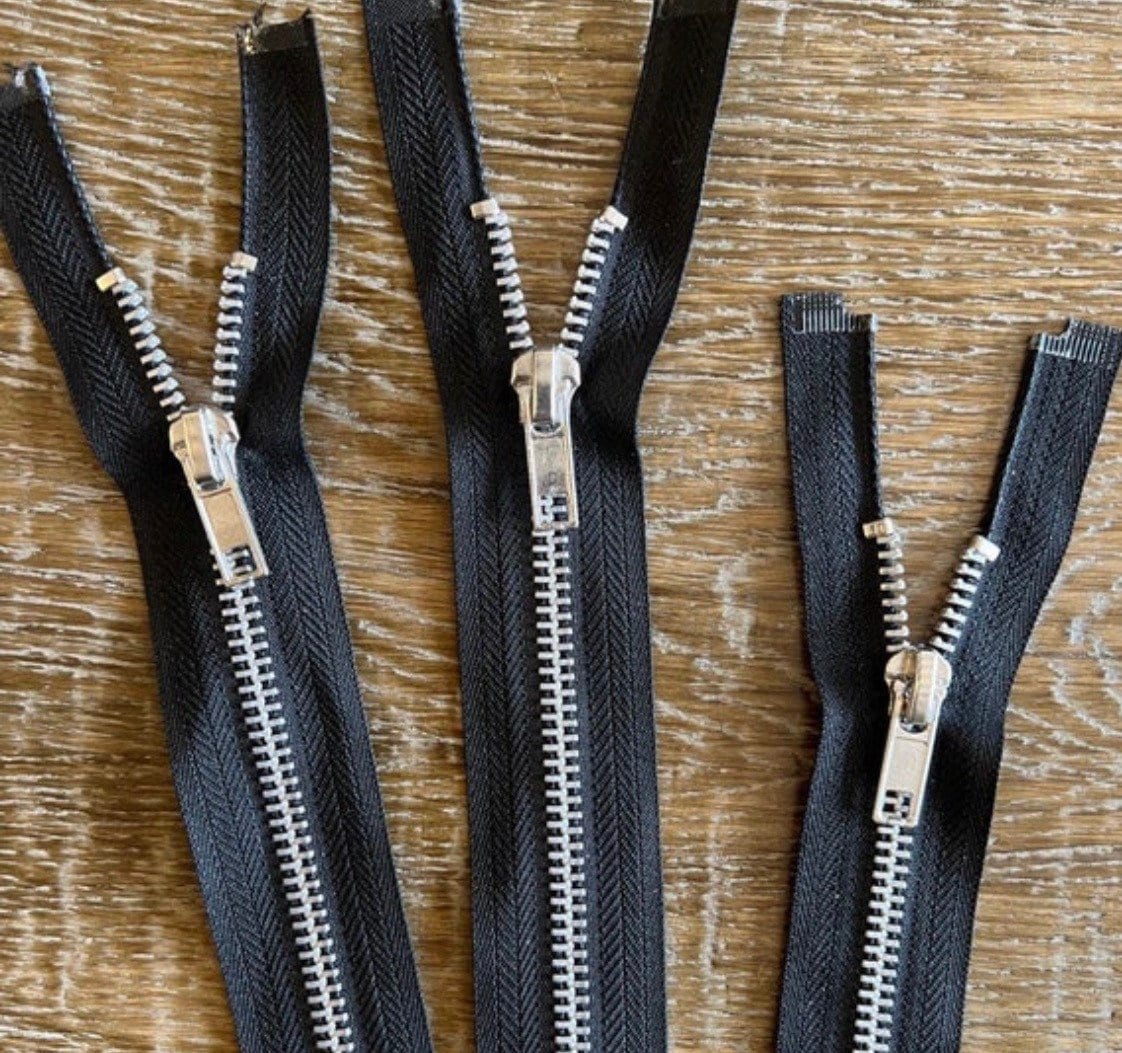 No. 5 Closed End Zips, Silver Metal Teeth, Black or Ivory Tape, 4" - 30"
