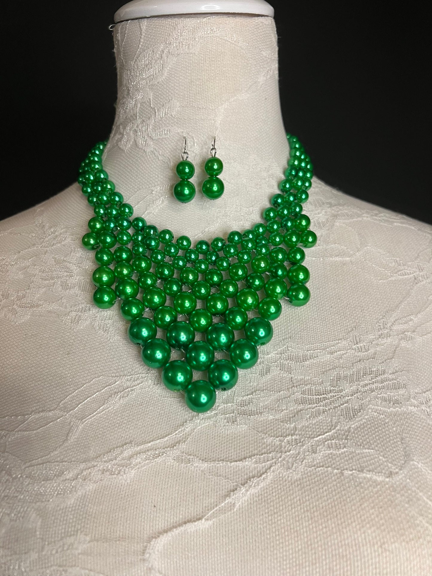 Handmade Green Pearl Beaded Necklace and Earring Set