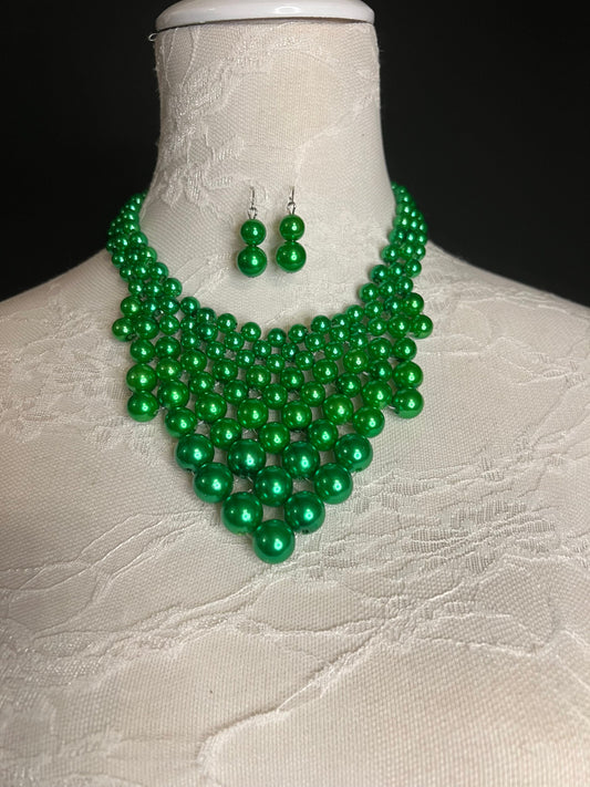 Handmade Green Pearl Beaded Necklace and Earring Set