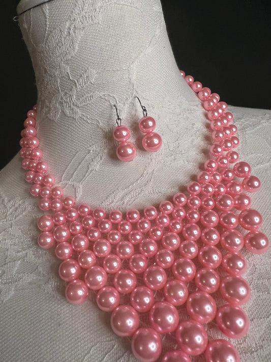 Handmade Pink Pearl Beaded Necklace and Earring Set