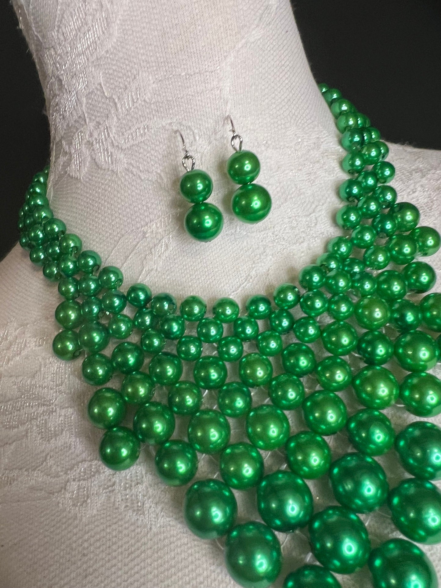 Handmade Green Pearl Beaded Necklace and Earring Set