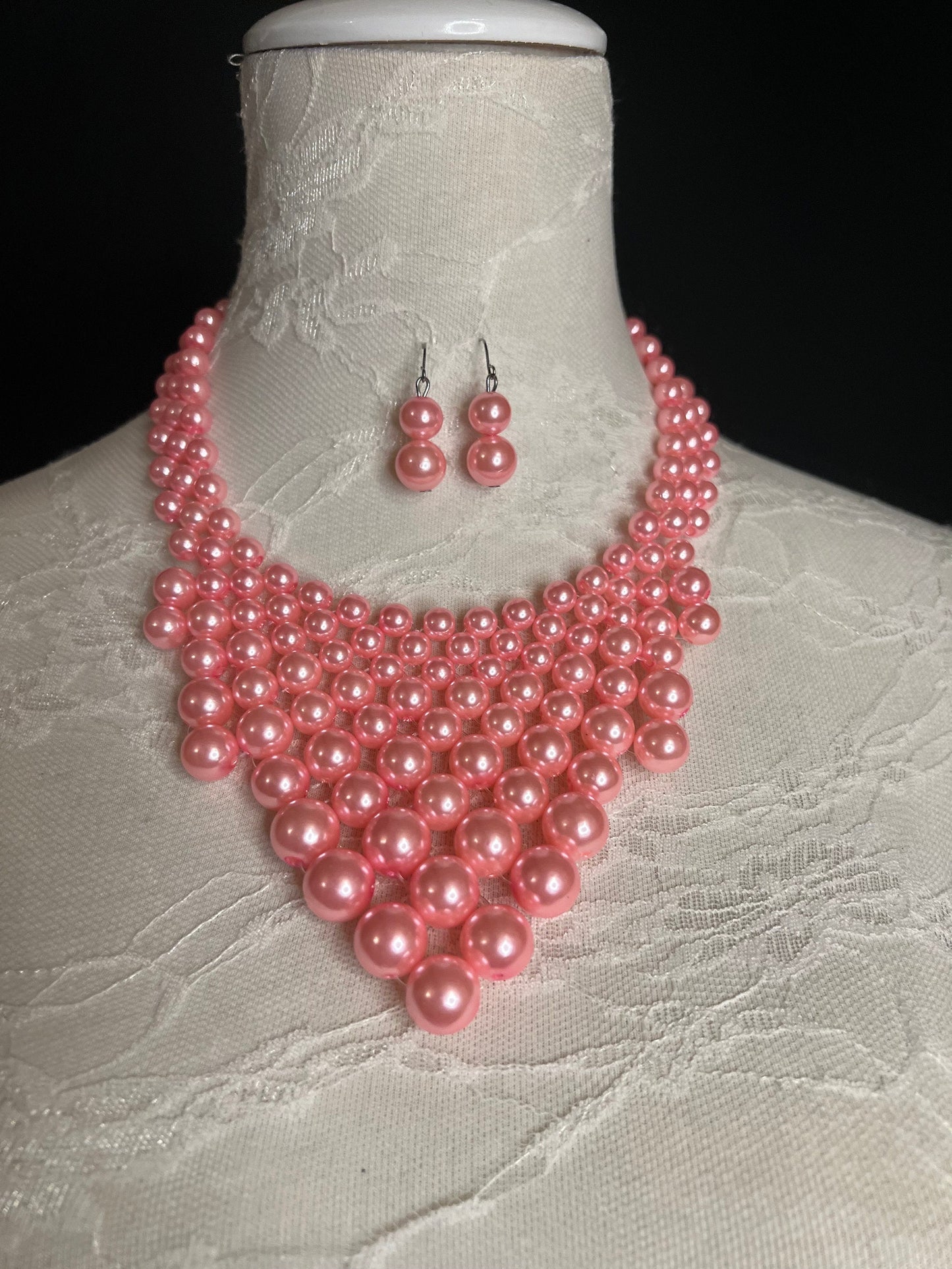 Handmade Pink Pearl Beaded Necklace and Earring Set