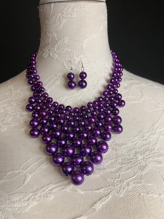 Handmade Purple Pearl Beaded Necklace and Earring Set