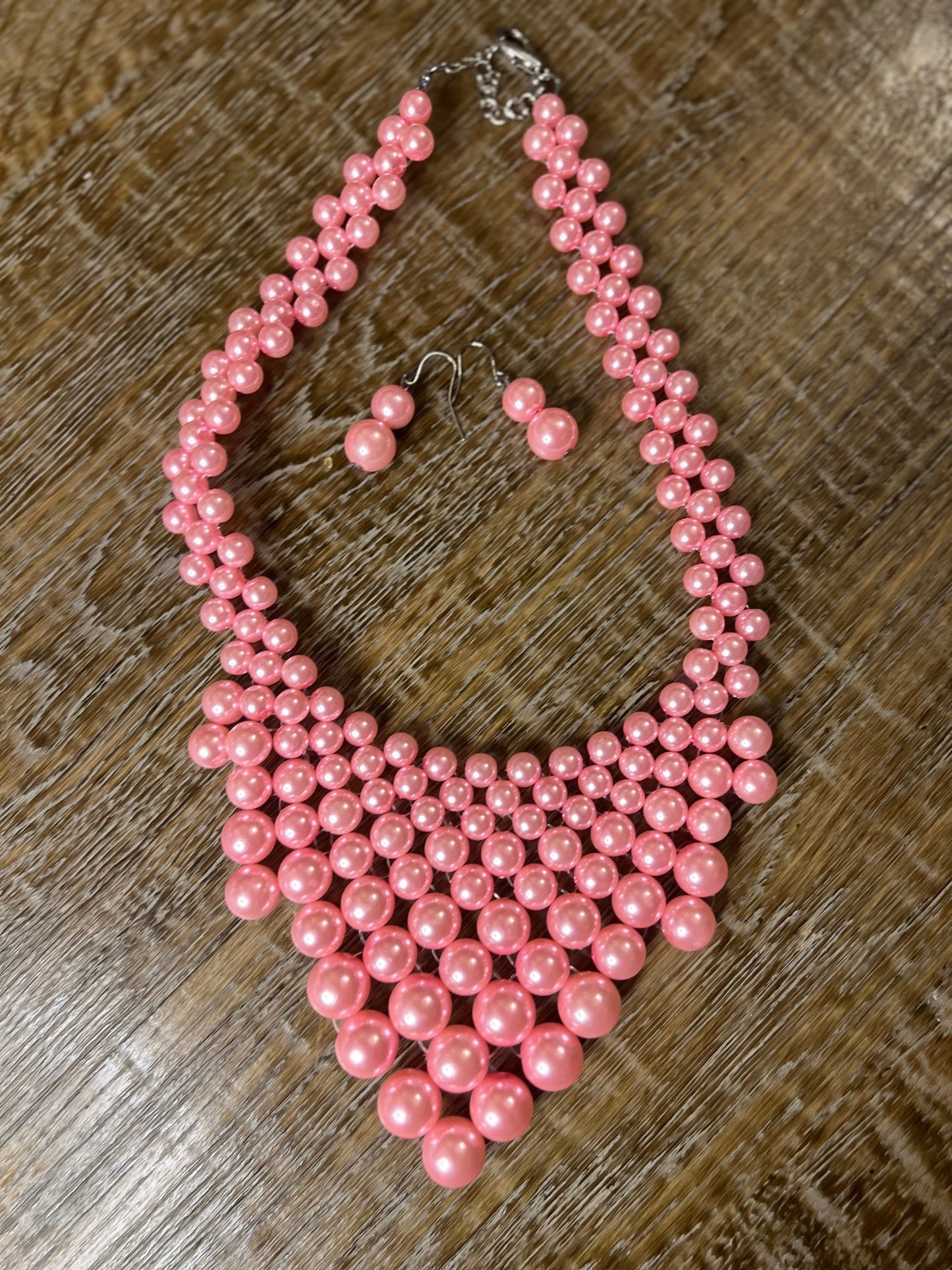 Handmade Pink Pearl Beaded Necklace and Earring Set