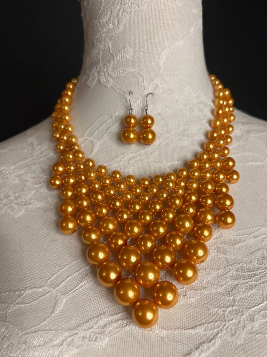 Handmade Pearl Beaded Necklace and Earrings, Mustard Gold Set