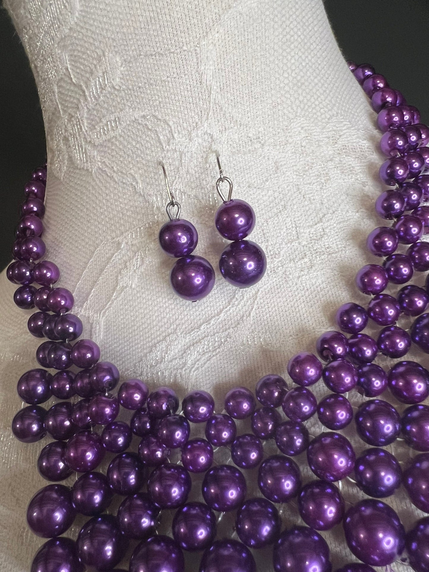 Handmade Purple Pearl Beaded Necklace and Earring Set