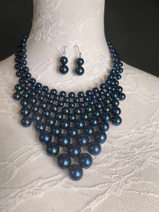 Handmade Navy Beaded Pearl Necklace and Earring Set