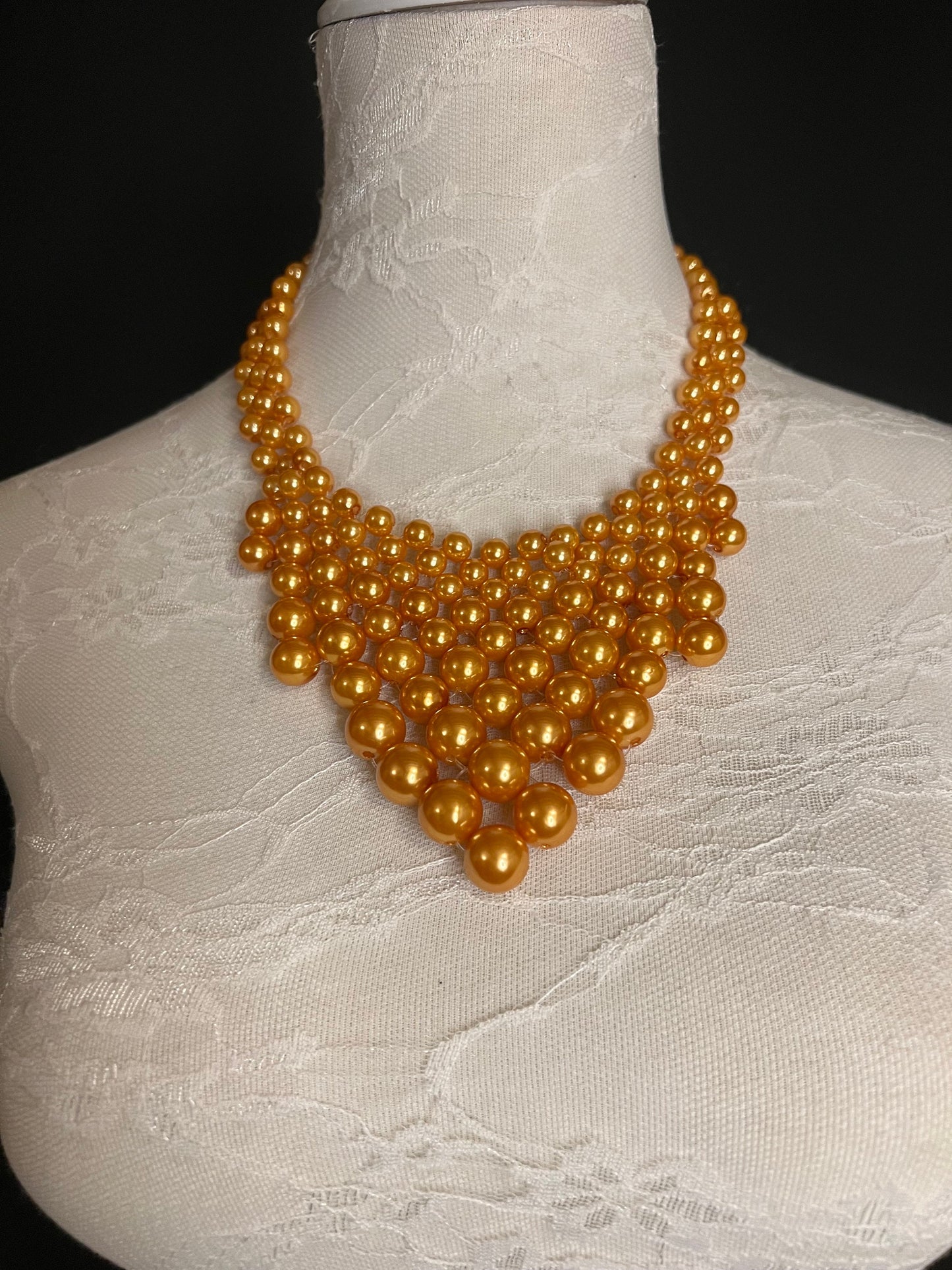 Handmade Pearl Beaded Necklace and Earrings, Mustard Gold Set