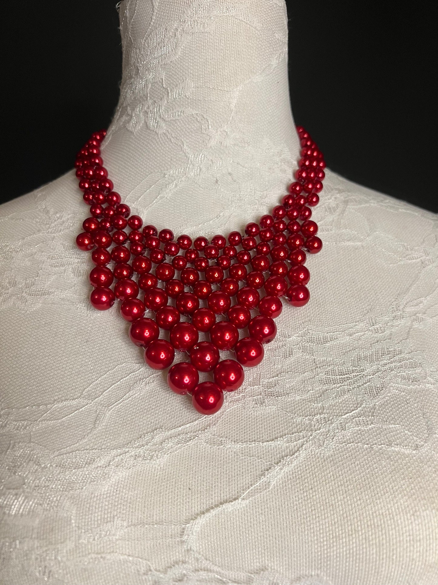 Red Pearl Beaded Necklace and Earrings Set, Handmade Jewelry