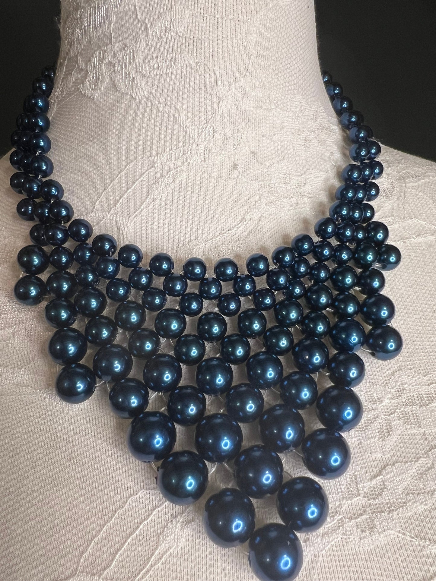 Handmade Navy Beaded Pearl Necklace and Earring Set
