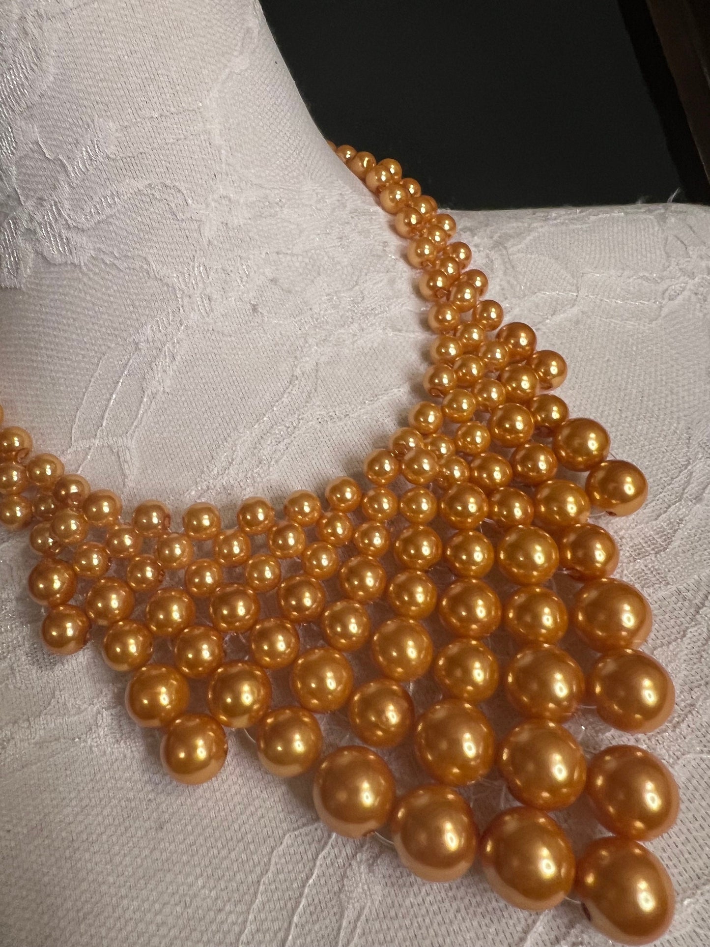 Handmade Pearl Beaded Necklace and Earrings, Mustard Gold Set