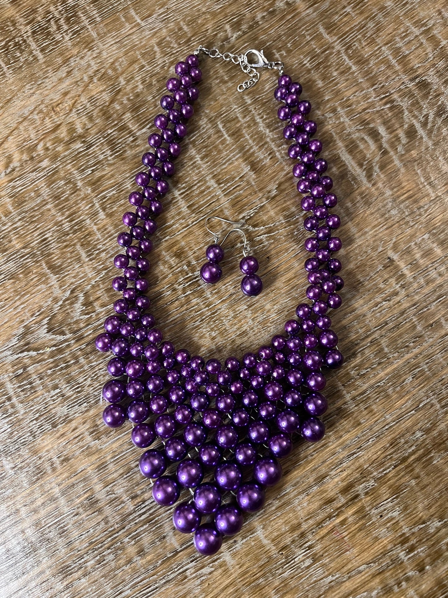Handmade Purple Pearl Beaded Necklace and Earring Set