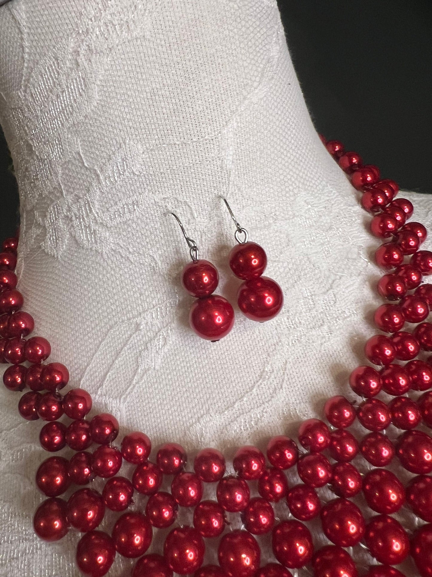 Red Pearl Beaded Necklace and Earrings Set, Handmade Jewelry