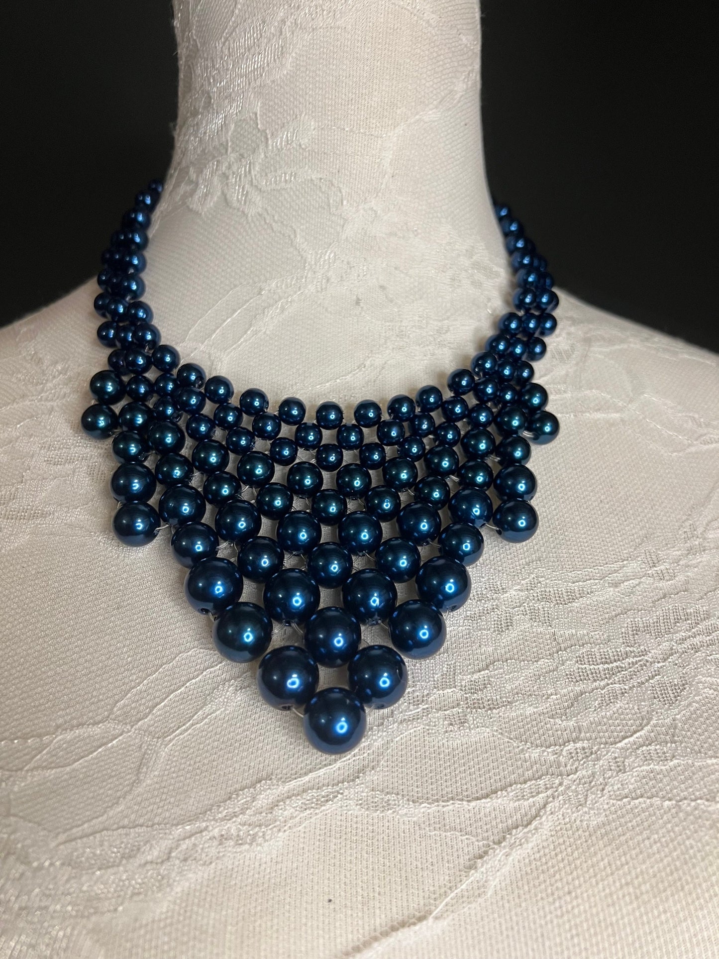 Handmade Navy Beaded Pearl Necklace and Earring Set