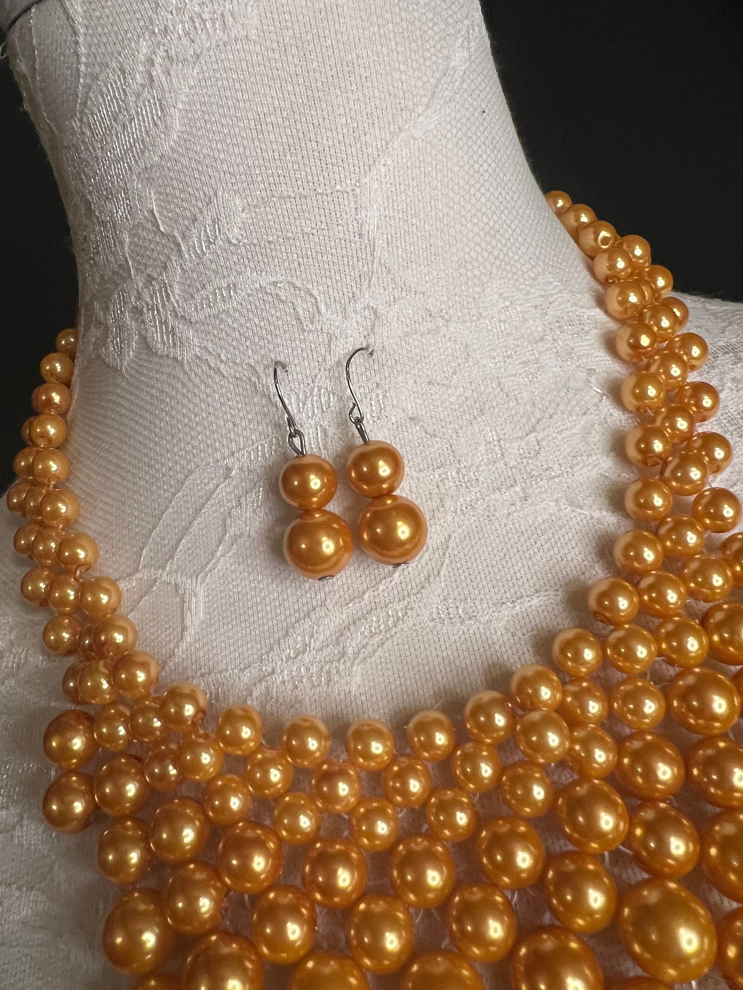 Handmade Pearl Beaded Necklace and Earrings, Mustard Gold Set
